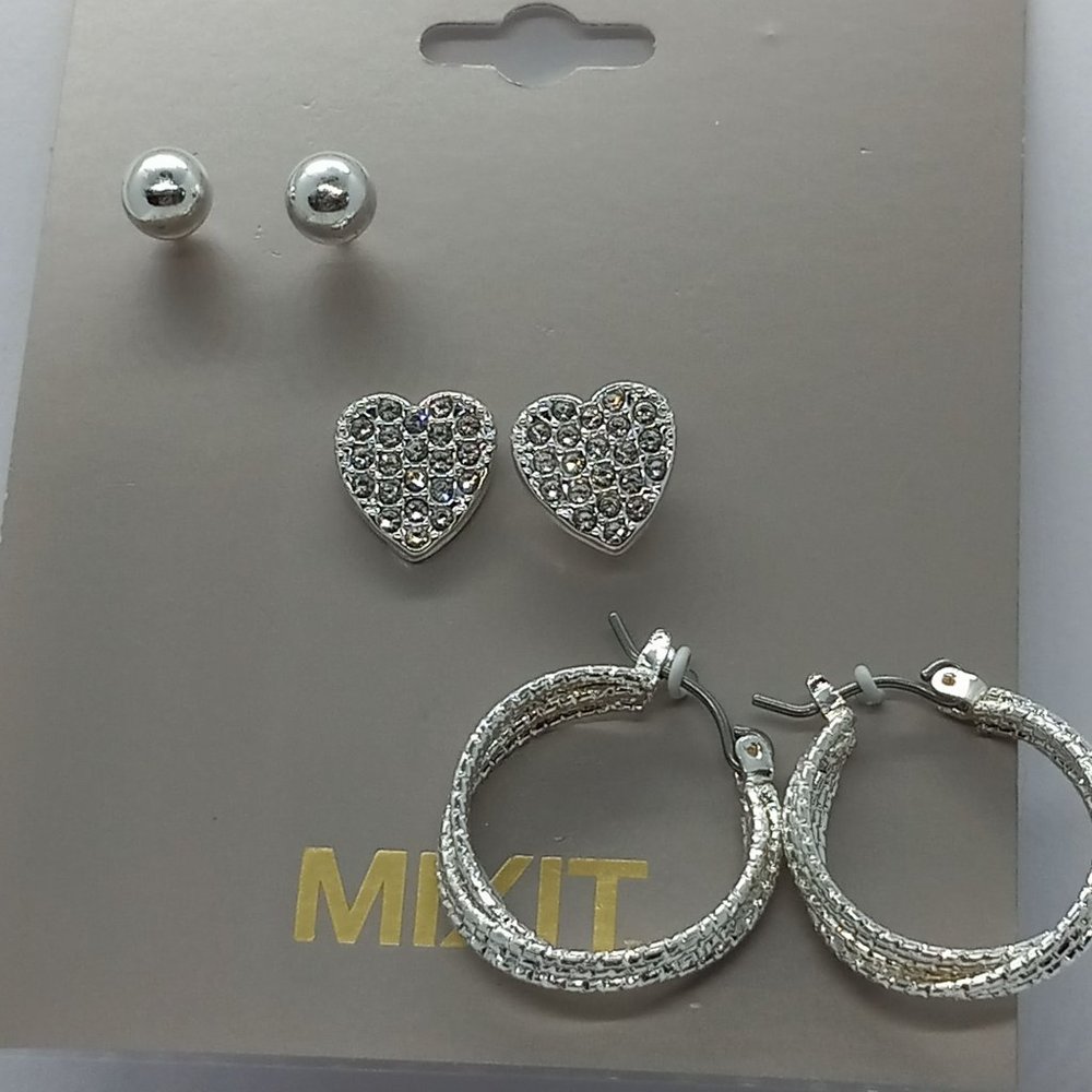 Mixit Three Pair‎ Studs Balls Hearts Hoops Silver Tone Earrings NEW!